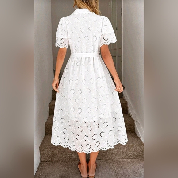 New Embroidered Eyelet Lace Tie Waist Midi Dress Short Sleeve White - Picture 7 of 11